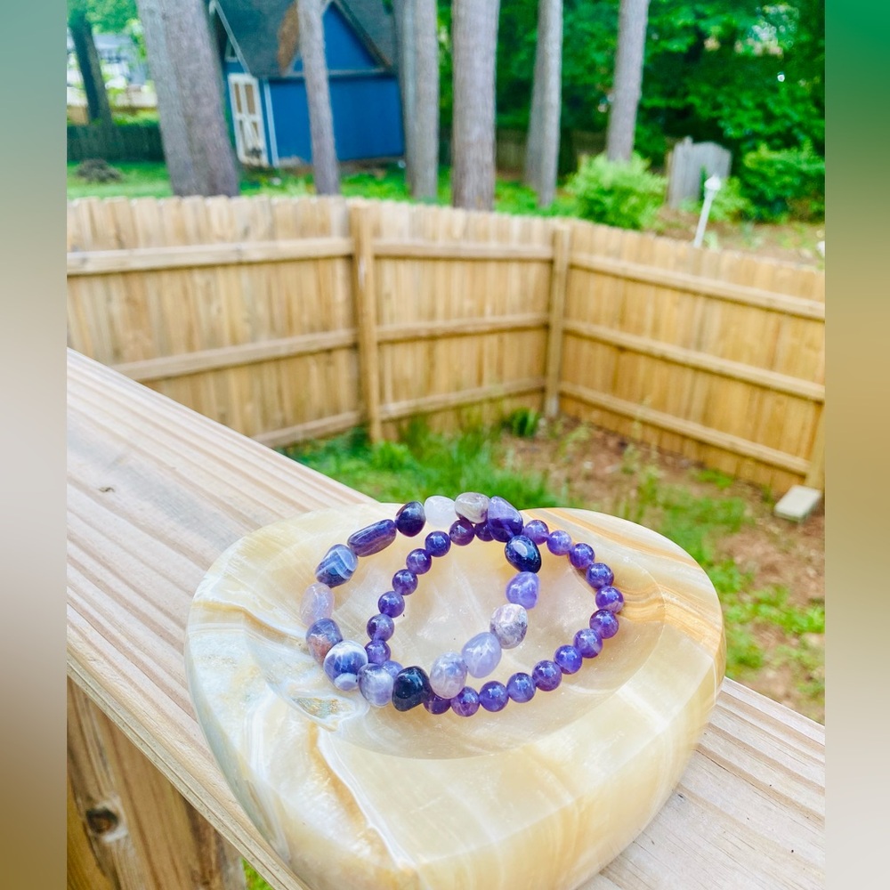 Purple Dream Amethyst Stone of Spirituality Nugget & Round Bead Bracelets 2pcs